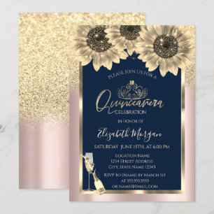 Glitter, Sonnenblumen, Tiara Rose Gold Quinceanera Einladung