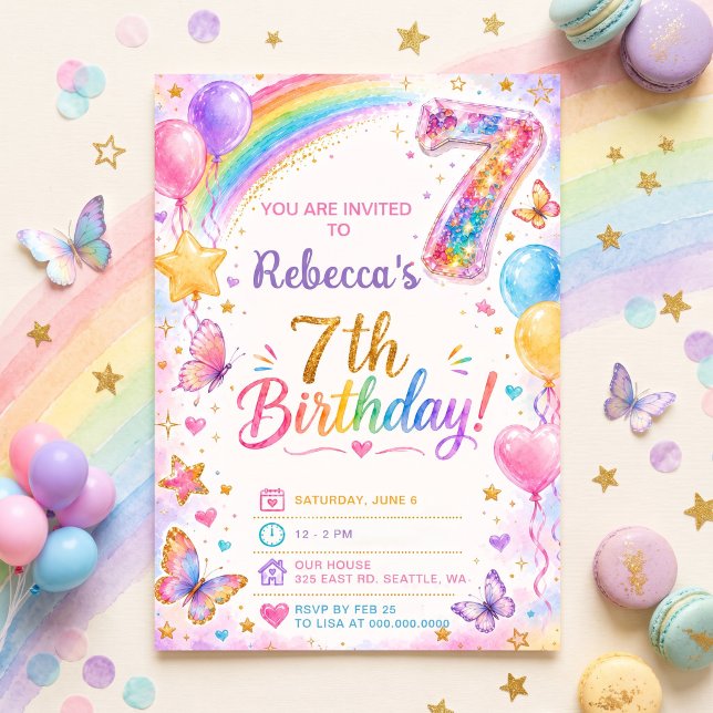 Glitter Sparkle 7. Geburtstag Mädchen Regenbogen P Einladung (Glitter Sparkle 7th Birthday Girls Rainbow Party Invitation)