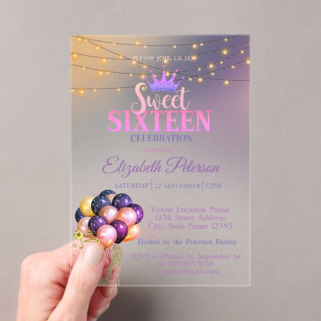 Glitter Tiara,Coctail, Silver Sweet 16 Party Acryleinladungen (Insitu (Handheld))