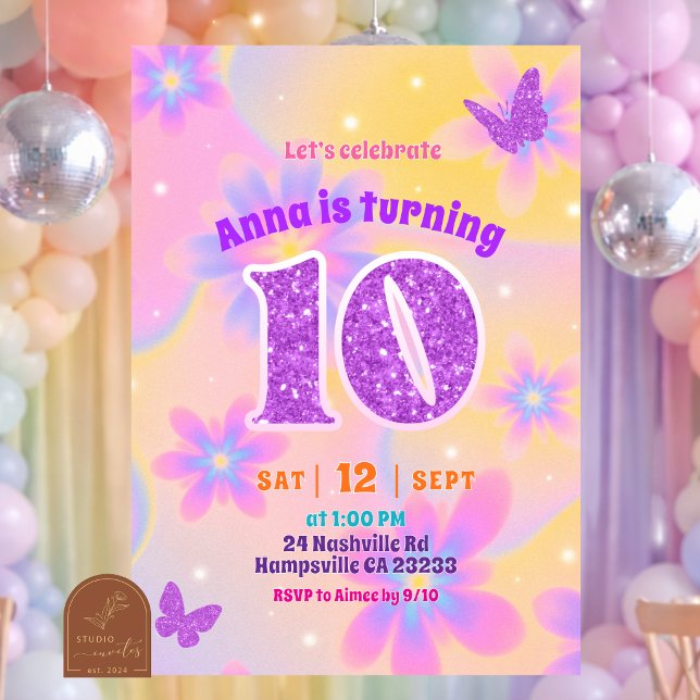Glitter Tie Dye Mädchen 10. Geburtstag Einladung (Von Creator hochgeladen)