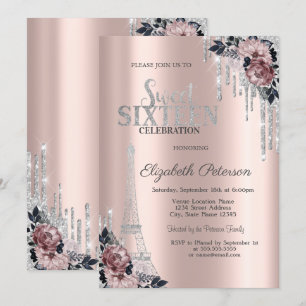 Glitter Tropfen, Eiffelturm Blumen Sweet 16 I Einladung