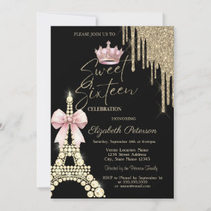 Glitter-Tropfen, Eiffelturm-Bogen-Krone Sweet 16 Einladung