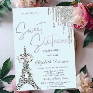 Glitter-Tropfen Eiffelturm Schleife Blau Sweet 16 Einladung
