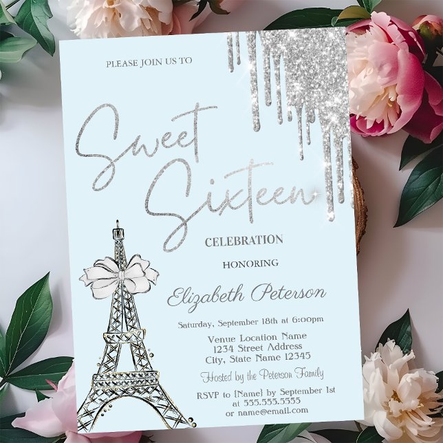 Glitter-Tropfen Eiffelturm Schleife Blau Sweet 16 Einladung (Von Creator hochgeladen)