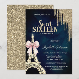 Glitter Tropfen, Eiffelturm Schleife Navy Blau Swe Einladung