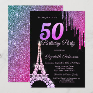 Glitter-Tropfen, Eiffelturm Schwarz 50. Geburtstag Einladung