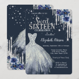 Glitter-Tropfen-Kleid Blumen Sterne Blau Sweet 16 Einladung