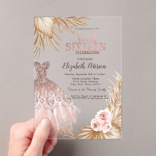 Glitter Tropfen,Kleid,Pampas Rose Gold Sweet 16 Acryleinladungen