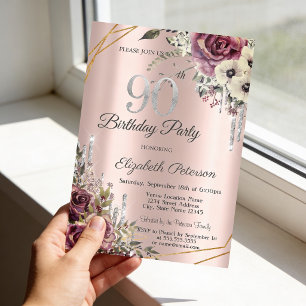 Glitter Tropfen Roségold Floral 90. Geburtstag Einladung