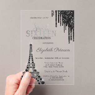 Glitter Tropfen, schwarzer Eiffelturm Sweet 16  Acryleinladungen