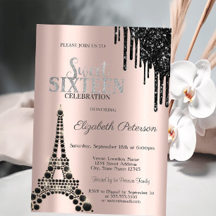 Glitter Tropfen, schwarzer Eiffelturm Sweet 16  Einladung