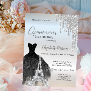 Glitter-Tropfen, schwarzes Kleid, Eiffel-Quinceañe Einladung