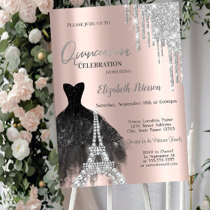 Glitter-Tropfen, schwarzes Kleid, Eiffelturm Quinc Einladung