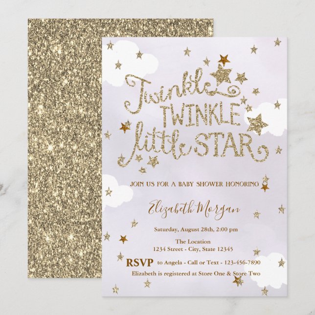 Glitter Twinkle Little Star Lavender Baby Shower Einladung (Vorne/Hinten)