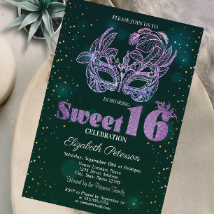Glitter Violet Masque Grün Sweet 16 Einladung