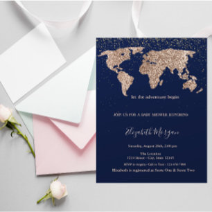 Glitter-Weltkarte Konfetti Navy Blau Baby Shower   Einladung
