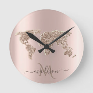 Glitter Weltkarte Reise Rose Gold Monogramm Runde Wanduhr
