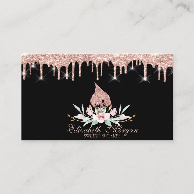 Glitter Whisk Flowers Rose Gold Drips Bakery Black Visitenkarte (Vorderseite)