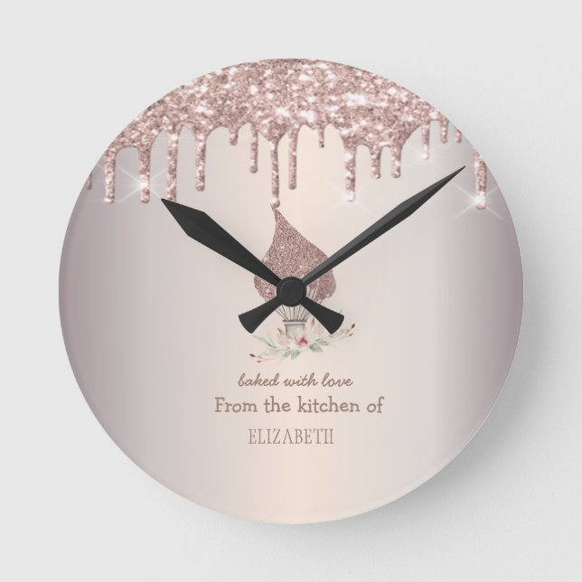 Glitter Whisk Rose Gold Glitter Drips Bakery    Runde Wanduhr (Vorderseite)