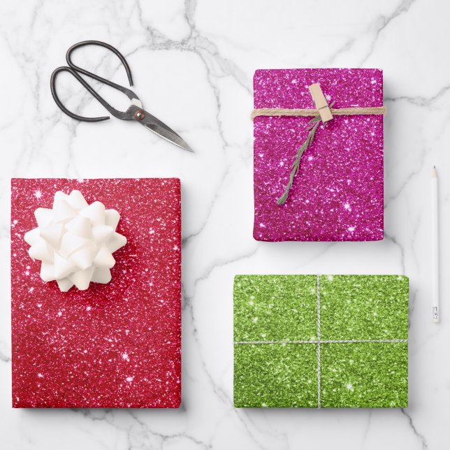 Glitter Wrapping Paper Red Pink Green Gift Wrap Geschenkpapier Set (Vorderseite)
