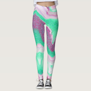 Glittered Marble   Fresh Mint Green, Magenta Pink Leggings