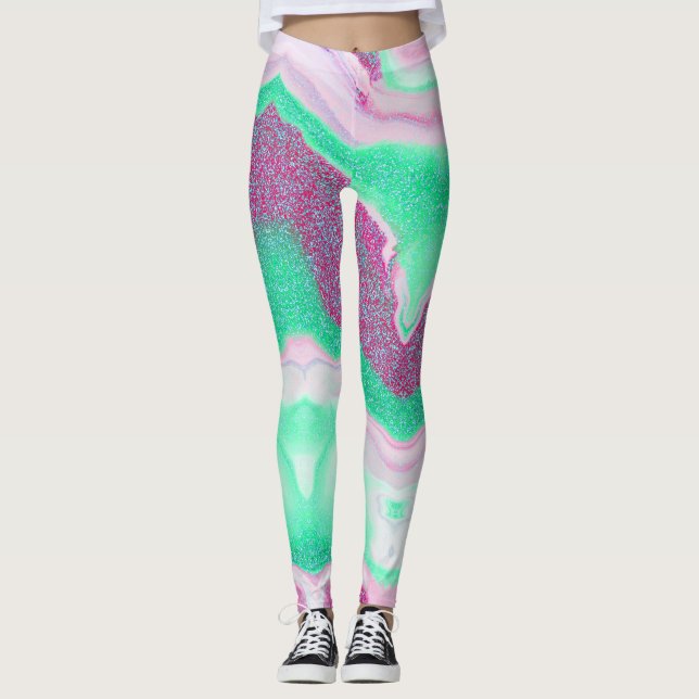 Glittered Marble | Fresh Mint Green, Magenta Pink Leggings (Vorderseite)