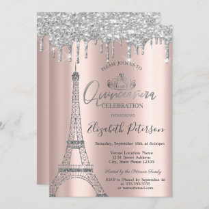 GlitterEiffelturm,Tiara,Tropfen Silver Quinceñera Einladung