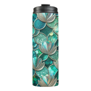 Glitterie Aquamarin Mermaid Schwanz und Blume druc Thermosbecher