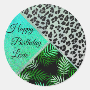 Glitterie Aquamarin Tropical Leopard Print Birthda Runder Aufkleber
