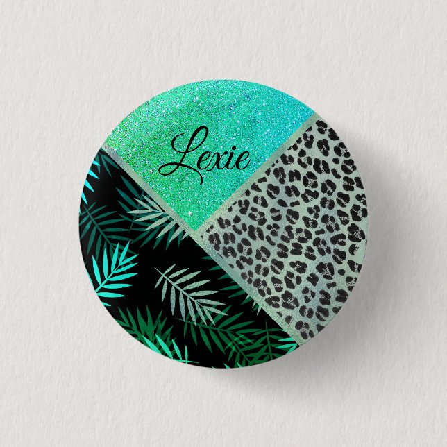 Glitterie Aquamarin tropische Leopardrucke Button (Vorderseite)