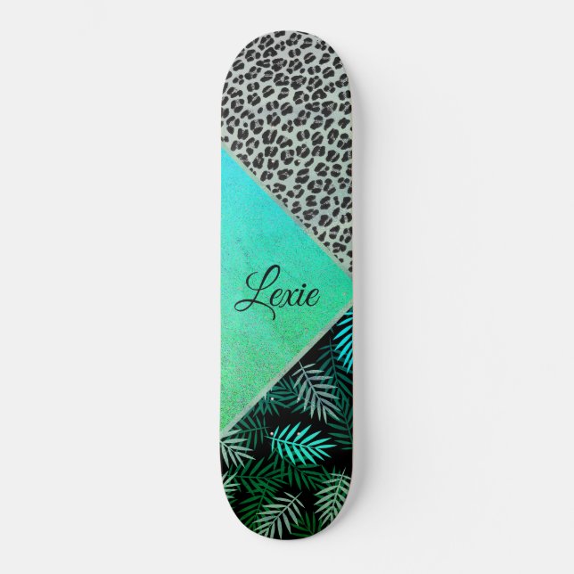 Glitterie Aquamarin tropische Leopardrucke Skateboard (Vorderseite)
