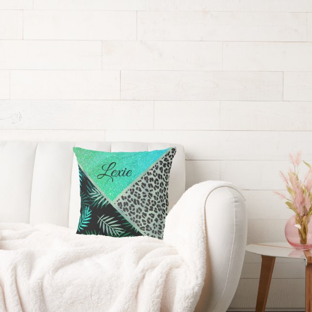 Glitterie Aquamarin tropischen Leopard Druck Perso Kissen (Liege)