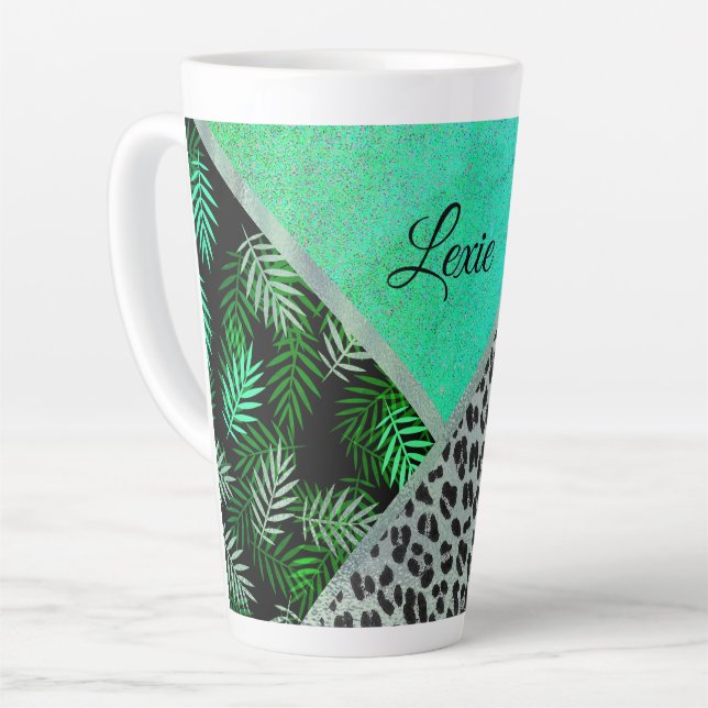 Glitterie Aquamarin tropischen Leopard Druck Perso Milchtasse (Linke Ecke)
