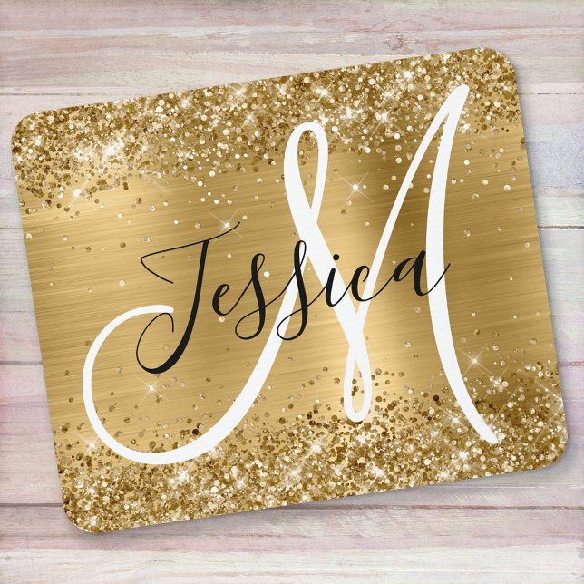 Glitterie Gold Foil Schwarz und Weiß Monogram Mousepad (Von Creator hochgeladen)