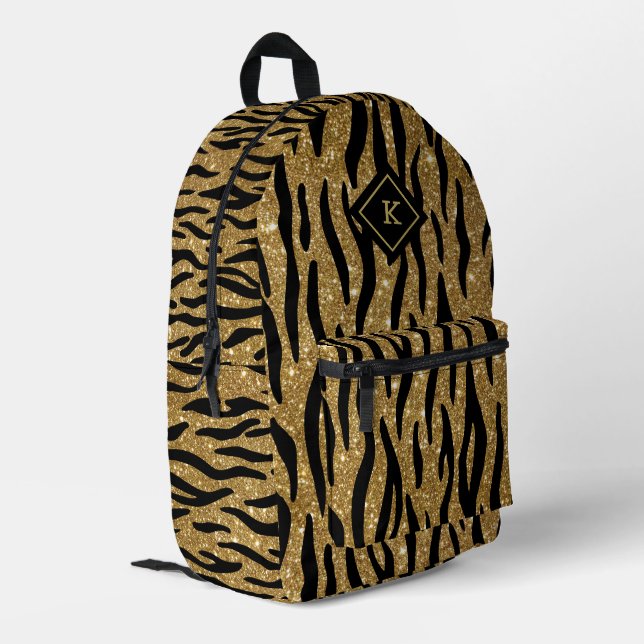 Glitterie Gold, Schwarz Zebra Muster Monogram Bedruckter Rucksack (Rückseitige Ecke links)