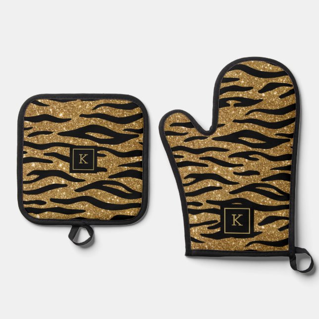 Glitterie Gold, Schwarz Zebra Muster Monogram Ofenhandschuh & Topflappen-Set (Vorderseite)