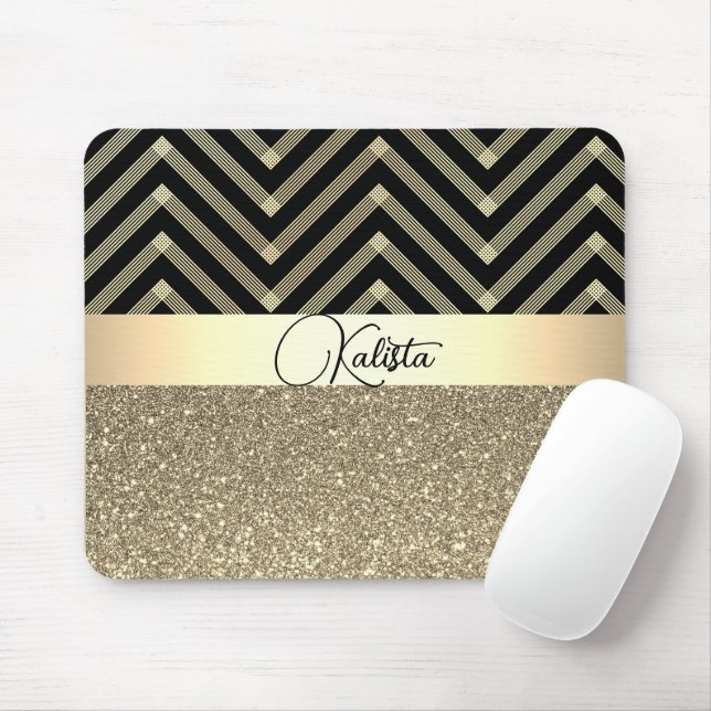 Glitterie Gold und Schwarz Zickzack Personalisiert Mousepad (Mit Mouse)