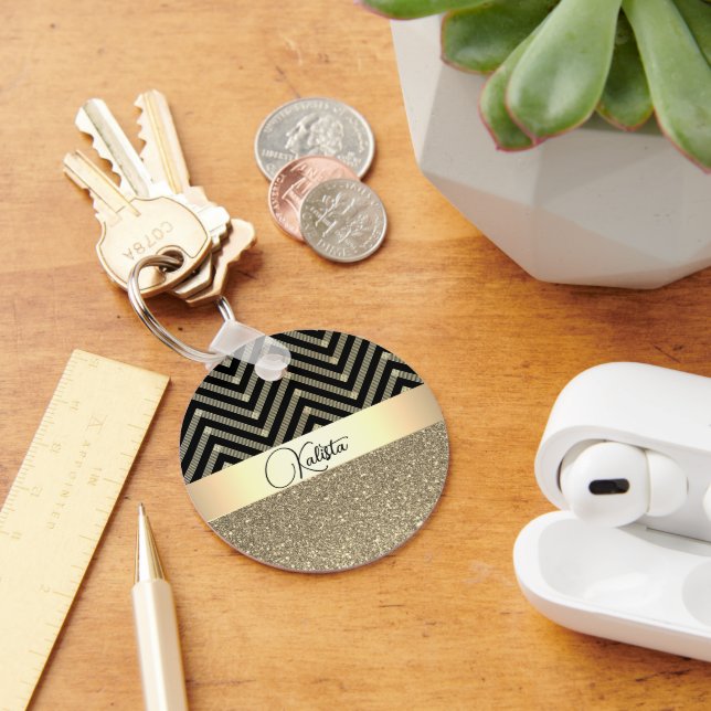 Glitterie Gold und Schwarz Zickzack Personalisiert Schlüsselanhänger (Schreibtisch)