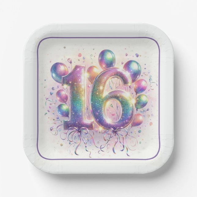 Glitterie Nummer 16 mit Balloons und Confetti Pappteller (Vorderseite)