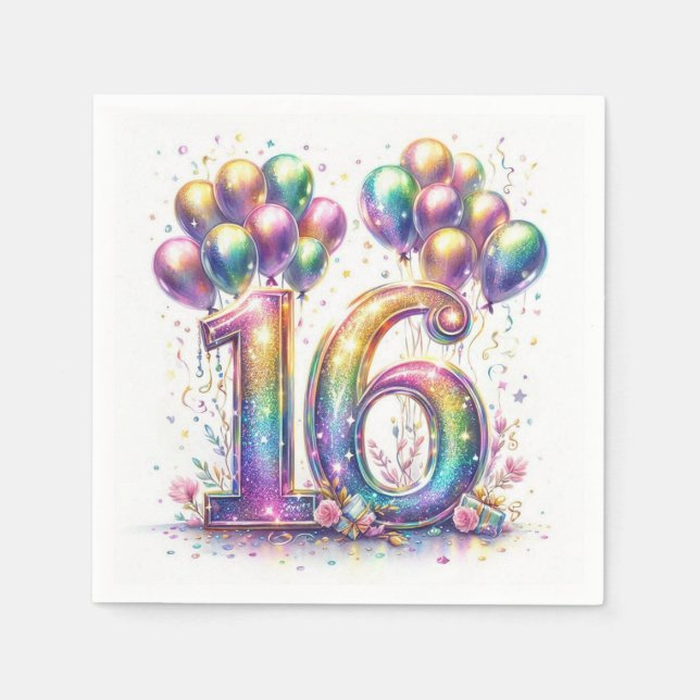 Glitterie Nummer 16 mit Balloons und Confetti Serviette (Vorderseite)