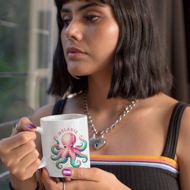 Glitterie Octopus Aquarellfarben Monogram Tasse (Von Creator hochgeladen)