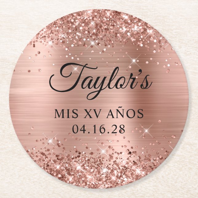 Glitterie Rose Gold Foil Mis XV Años Runder Pappuntersetzer (Vorderseite)