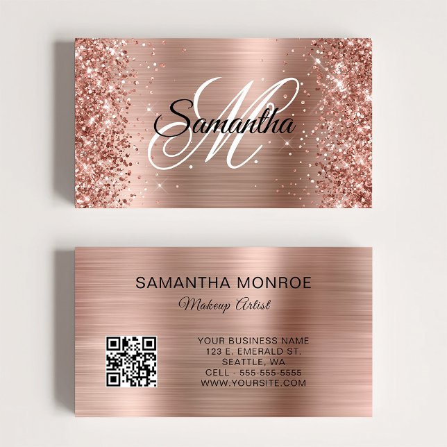 Glitterie Rose Gold Foil Monogram QR Code Visitenkarte (Glittery Rose Gold Foil Monogram QR Code Business Card)