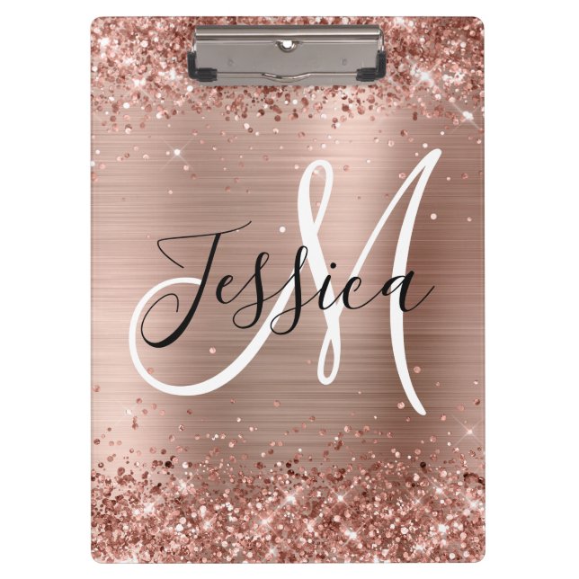 Glitterie Rose Gold Foil Schwarz und Weiß Monogram Klemmbrett (Vorderseite)