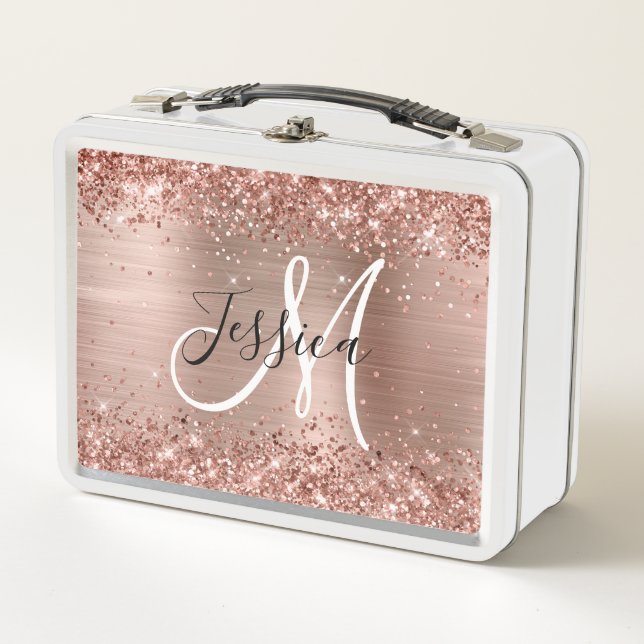 Glitterie Rose Gold Foil Schwarz und Weiß Monogram Metall Brotdose (Vorderseite)