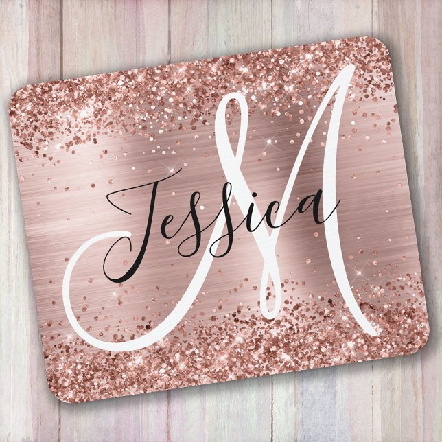 Glitterie Rose Gold Foil Schwarz und Weiß Monogram Mousepad (Von Creator hochgeladen)