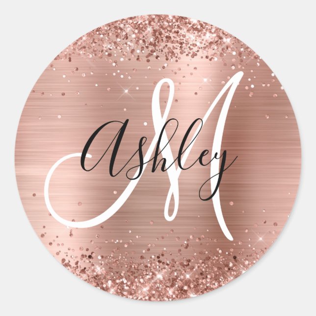 Glitterie Rose Gold Foil Schwarz und Weiß Monogram Runder Aufkleber (Vorderseite)