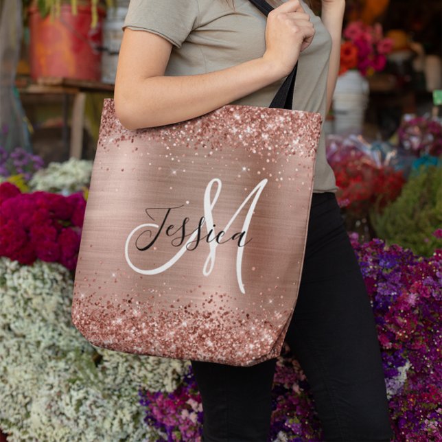 Glitterie Rose Gold Fossil Schwarz-weiß Mit Monogr (Glittery Rose Gold Foil Black White Monogrammed Tote Bag)