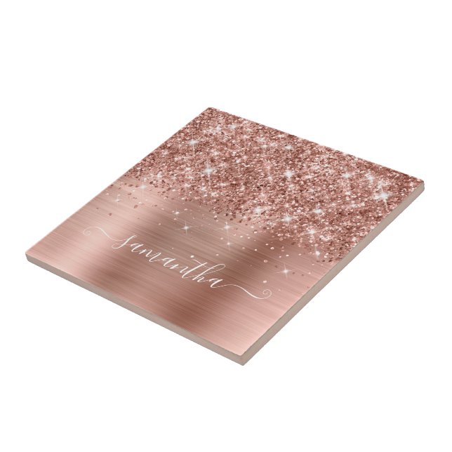 Glitterie Rose Gold Girly Signature Calligraphy Fliese (Seite)