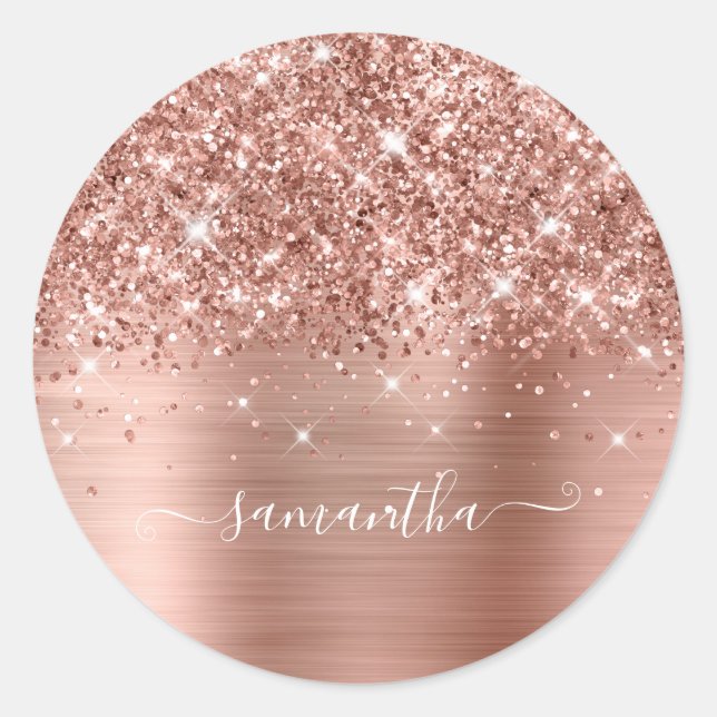 Glitterie Rose Gold Girly Signature Calligraphy Runder Aufkleber (Vorderseite)